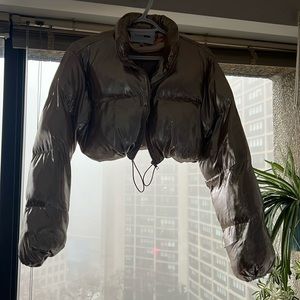 Metallic rose gold cropped puffer jacket